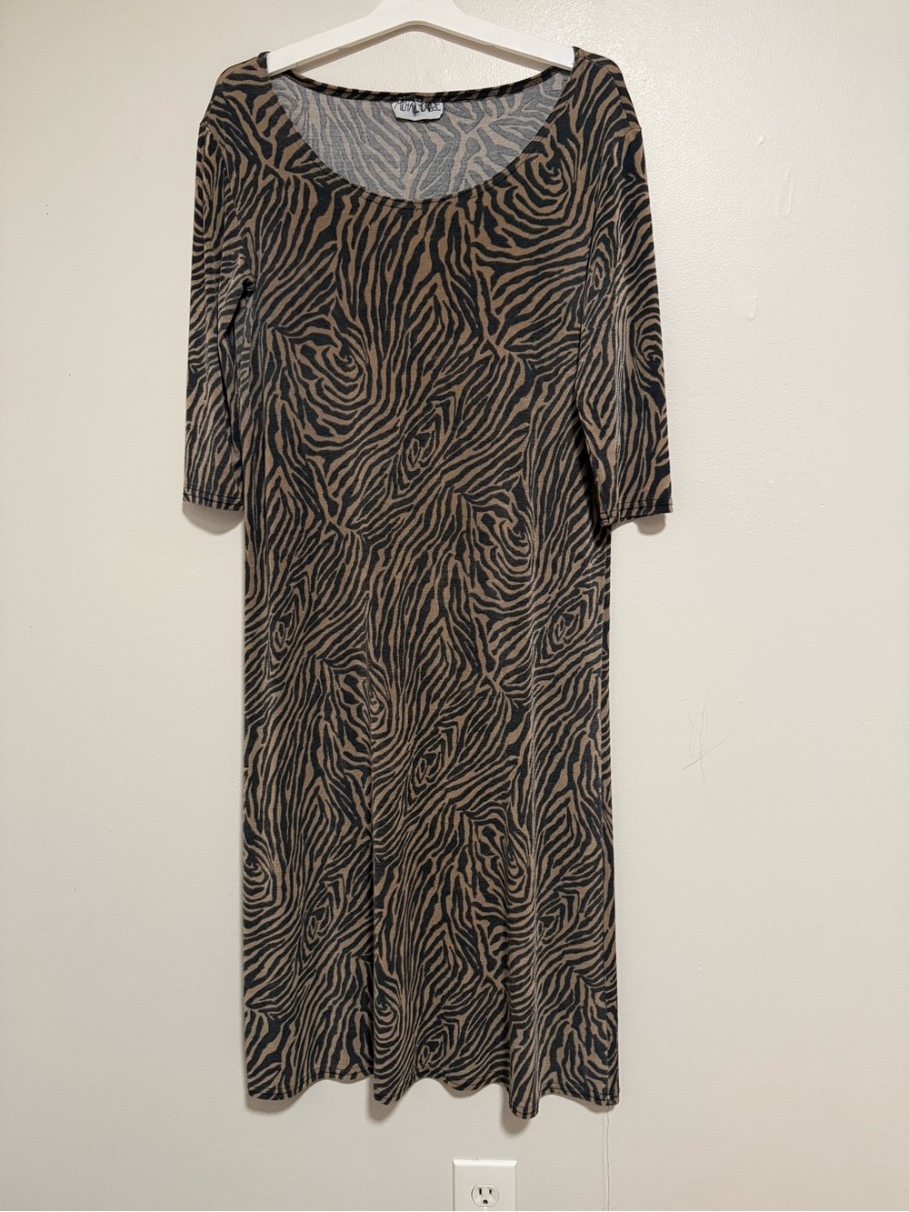 Vintage Brown and Black Zebra-Print Scoop Neck Midi Dress